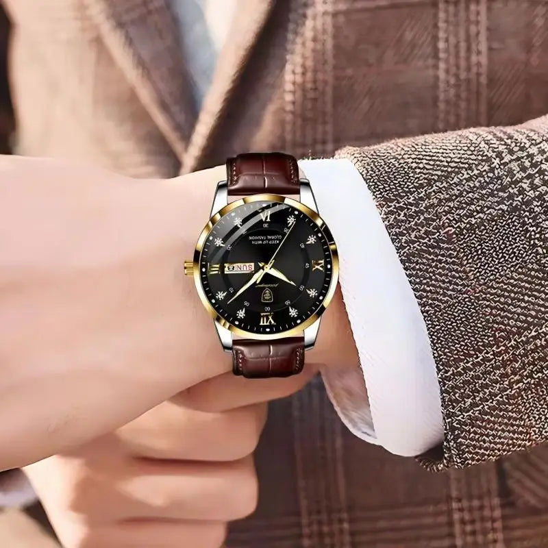 men's luxury wristwatch displayed on a wrist, featuring a sleek design and elegant brown leather strap.